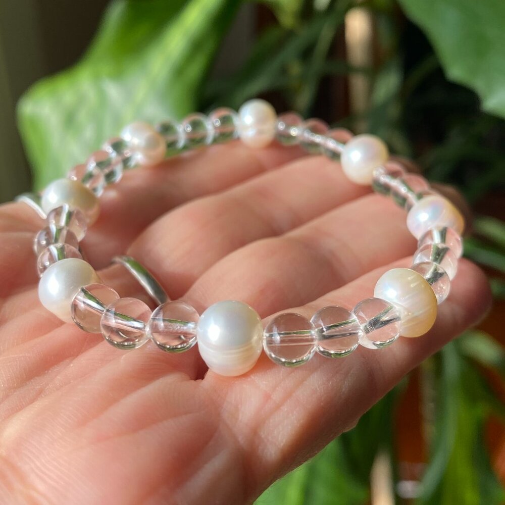 6mm Authentic Clear Quartz Gemstone Bracelet with 8mm Real Fresh Water Pearls